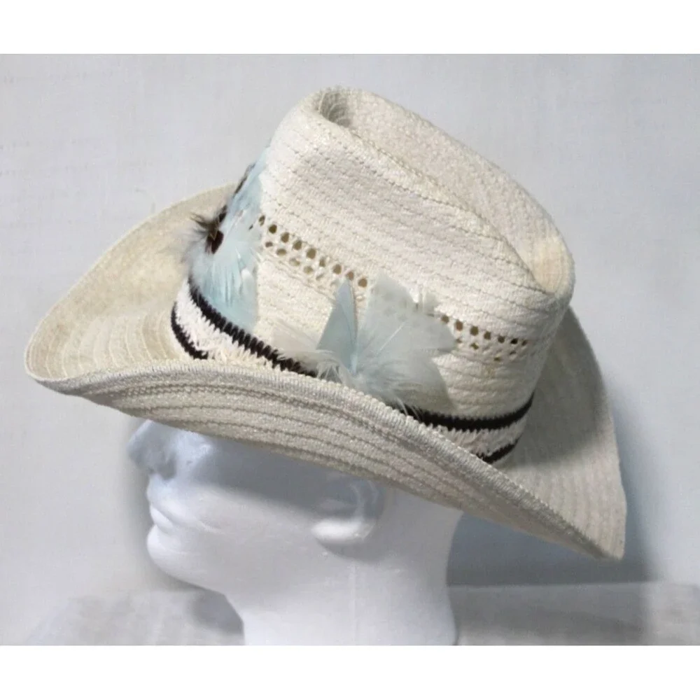 Cowgirl Hat, Tan Straw Rancher Feather Brim Trim White Tan Medium 6 7/8